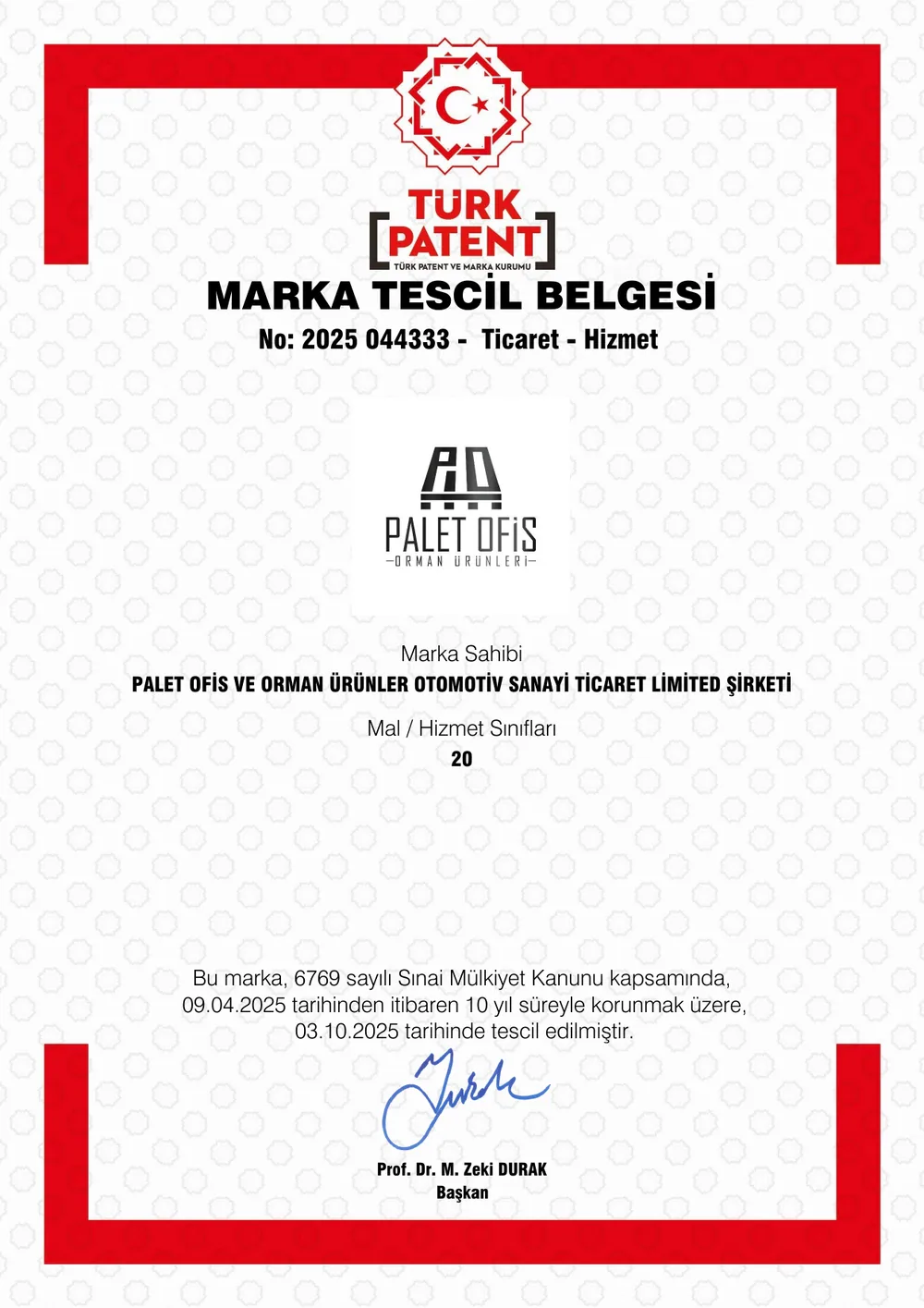 Palet Ofisi Türk Patent ve Marka Kurumu marka tescil belgesi