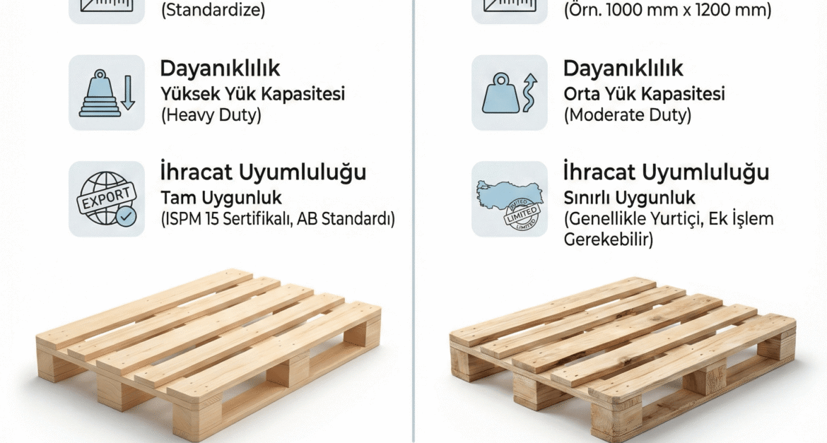 Euro palet ve yerli palet farkı karşılaştırma görseli – ölçü, dayanıklılık ve ihracat uyumluluğu analizi.”